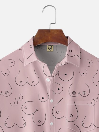 Moisture-wicking Abstract Line Drawing Chest Pocket Hawaiian Pink Boob Shirt For Men