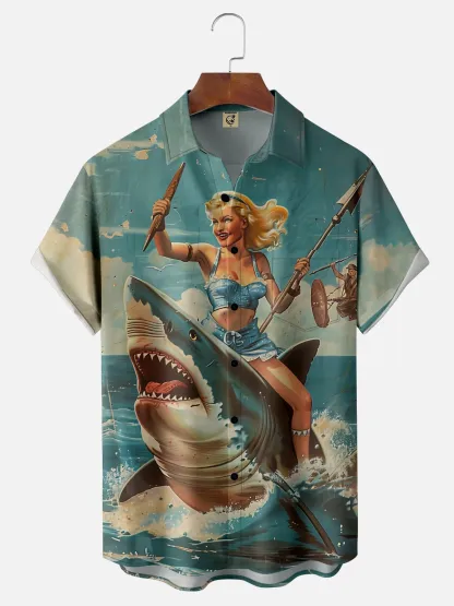 Moisture-wicking Shark Beauty Chest Pocket Hawaiian Shirt