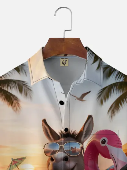 Moisture-wicking Donkey Flamingo Coconut Tree Beach Chest Pocket Hawaiian Shirt