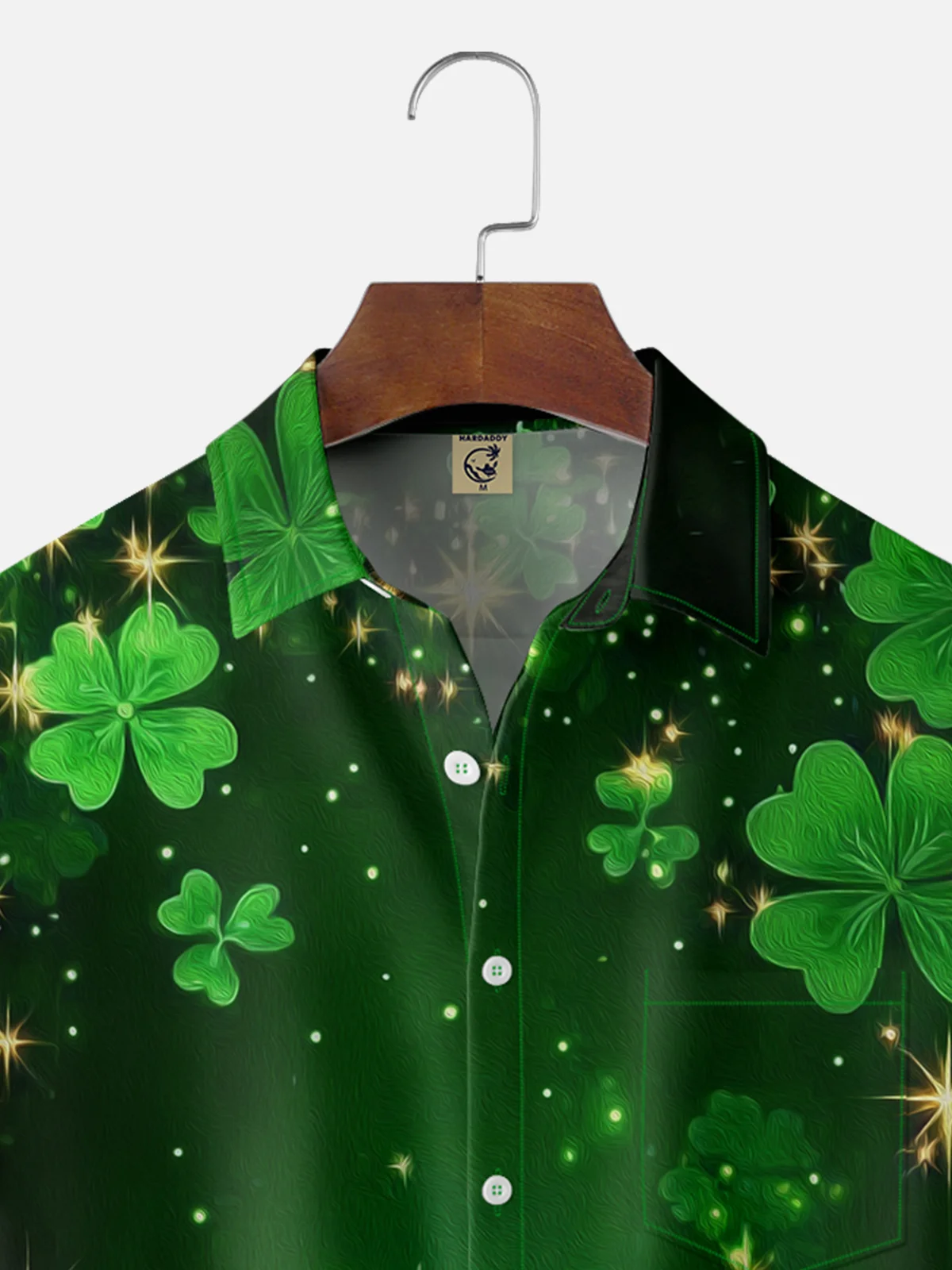 Moisture-wicking St. Patrick's Day Four Leaf Clover Green Art Chest Pocket Hawaiian Shirt