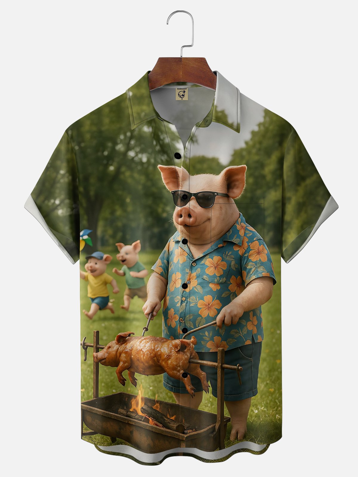 Moisture Wicking Fun BBQ Pig Print Chest Pocket Festive Hawaiian Shirt