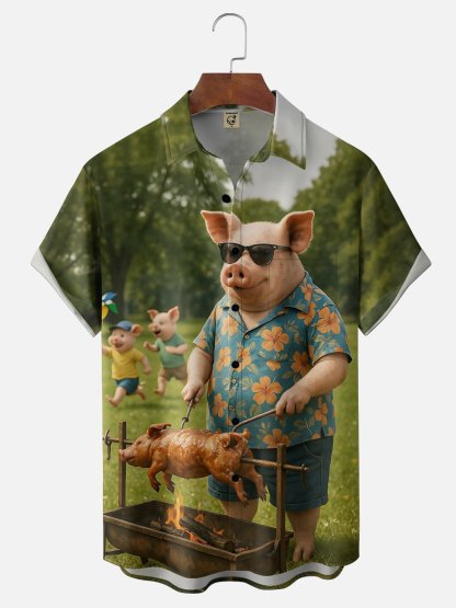 Moisture Wicking Fun BBQ Pig Print Chest Pocket Festive Hawaiian Shirt