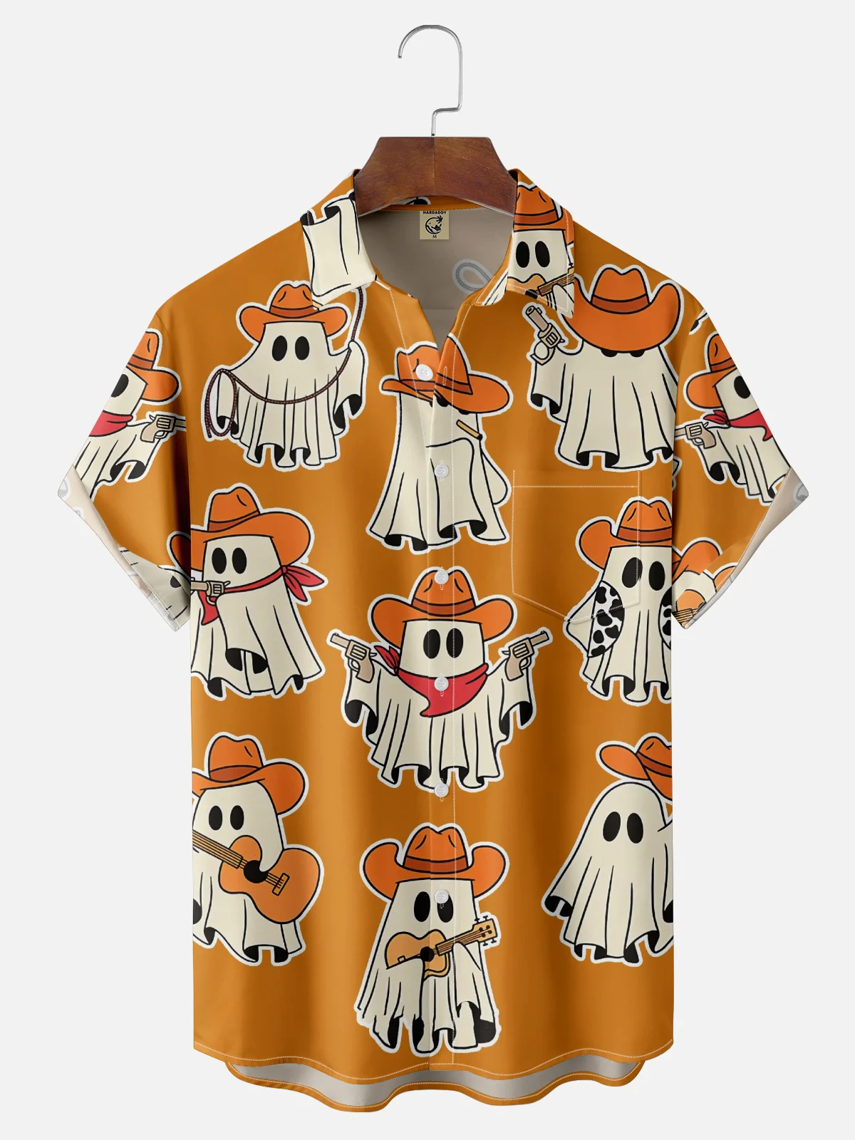 Moisture-Wicking Halloween Cowboy Ghost Guitar Cow Print Chest Pocket Hawaiian Shirt