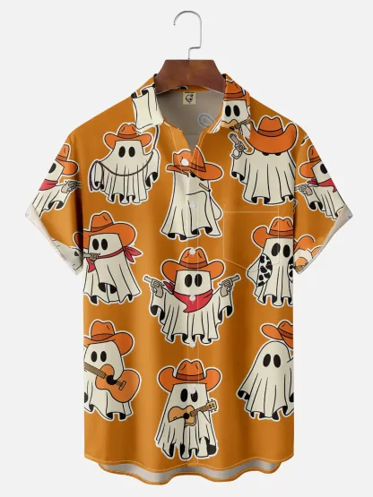 Moisture-Wicking Halloween Cowboy Ghost Guitar Cow Print Chest Pocket Hawaiian Shirt
