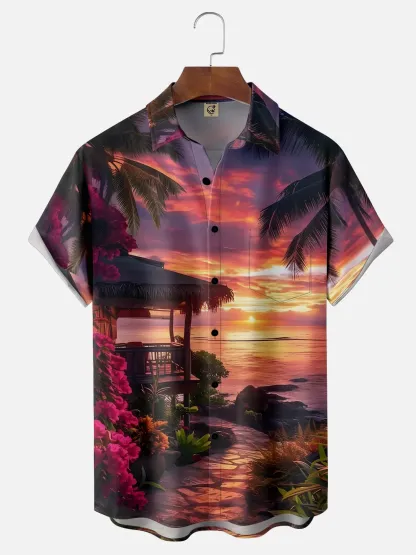Moisture-wicking Sunset Beach Coconut Trees Chest Pocket Hawaiian Shirt