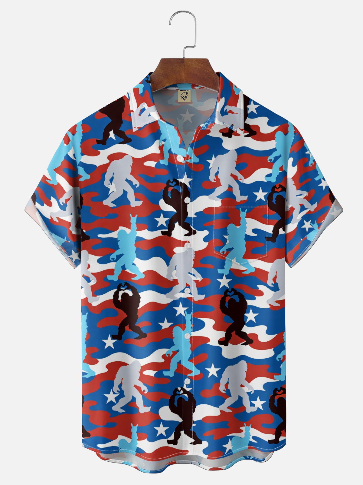 Moisture-Wicking Independence Day Anniversary American Flag Bigfoot Chest Pocket Holiday Hawaiian Shirt