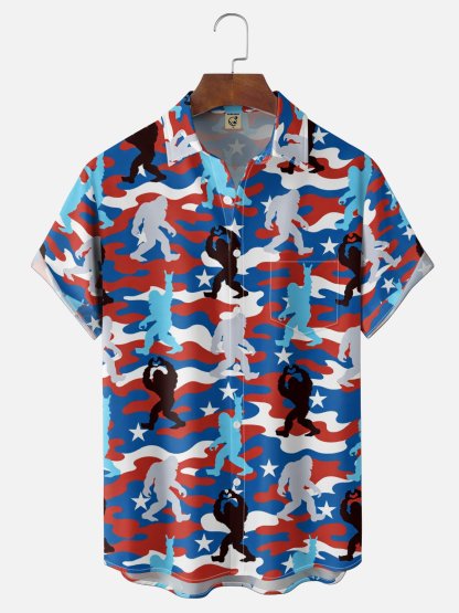 Moisture-Wicking Independence Day Anniversary American Flag Bigfoot Chest Pocket Holiday Hawaiian Shirt