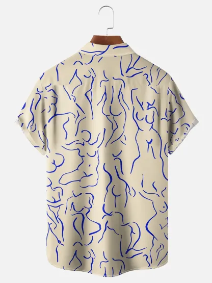 Moisture-wicking Art Blue Abstract Line Drawing Chest Pocket Hawaiian Titty Shirt