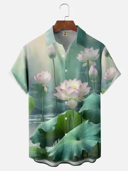 Moisture-wicking Lotas Leaf Chest Pocket Hawaiian Shirt