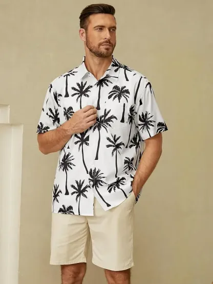 Palm Tree Chest Pocket Short Sleeve Hawaiian Shirt