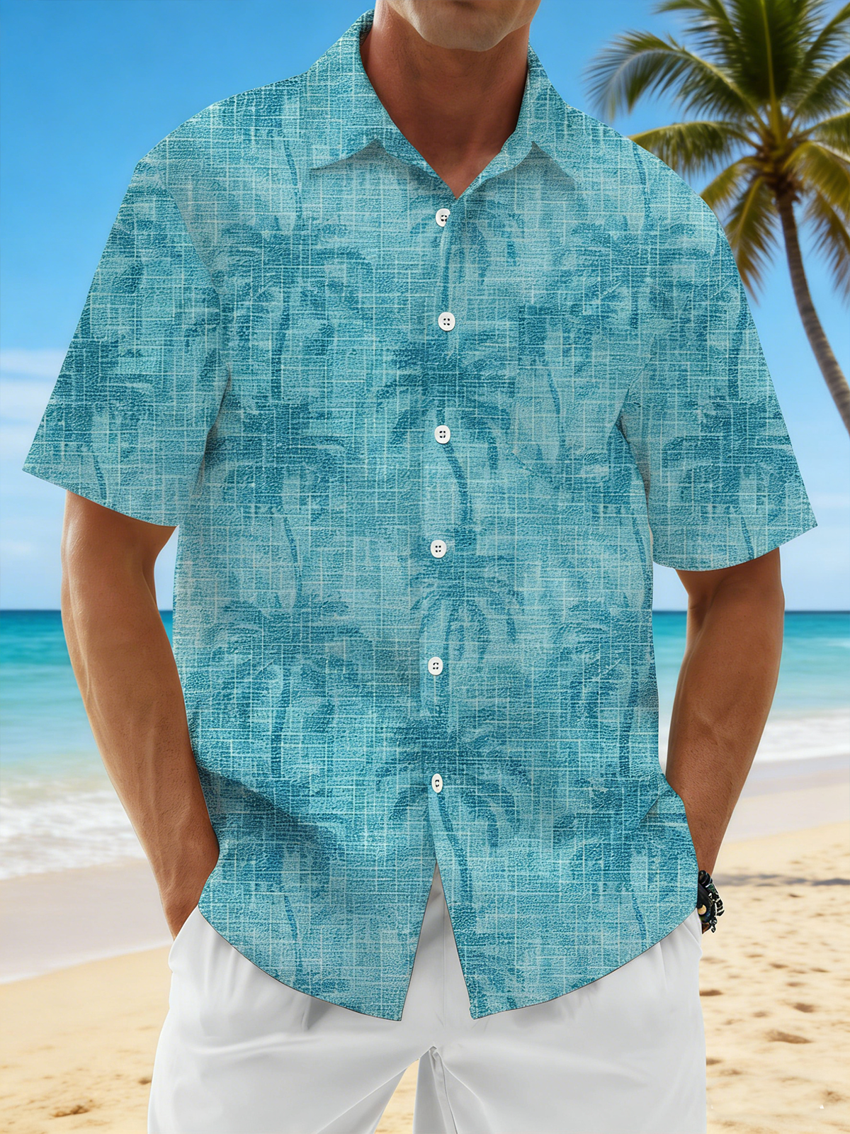 Linen Textured Coconut Tree Chest Pocke Holiday Hawaiian Shirt