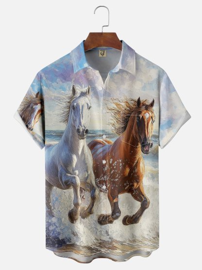 Moisture-wicking Kentucky Derby Horse Racing Chest Pocket Casual Shirt