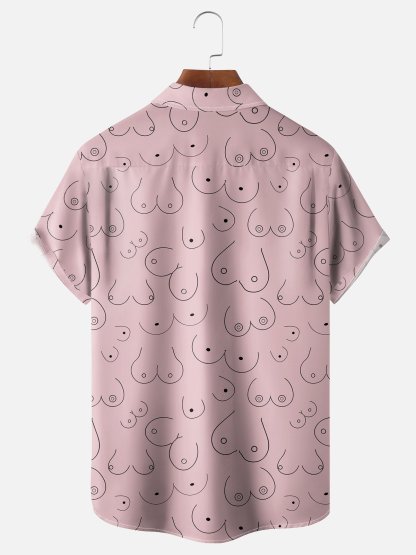 Moisture-wicking Abstract Line Drawing Chest Pocket Hawaiian Pink Boob Shirt For Men