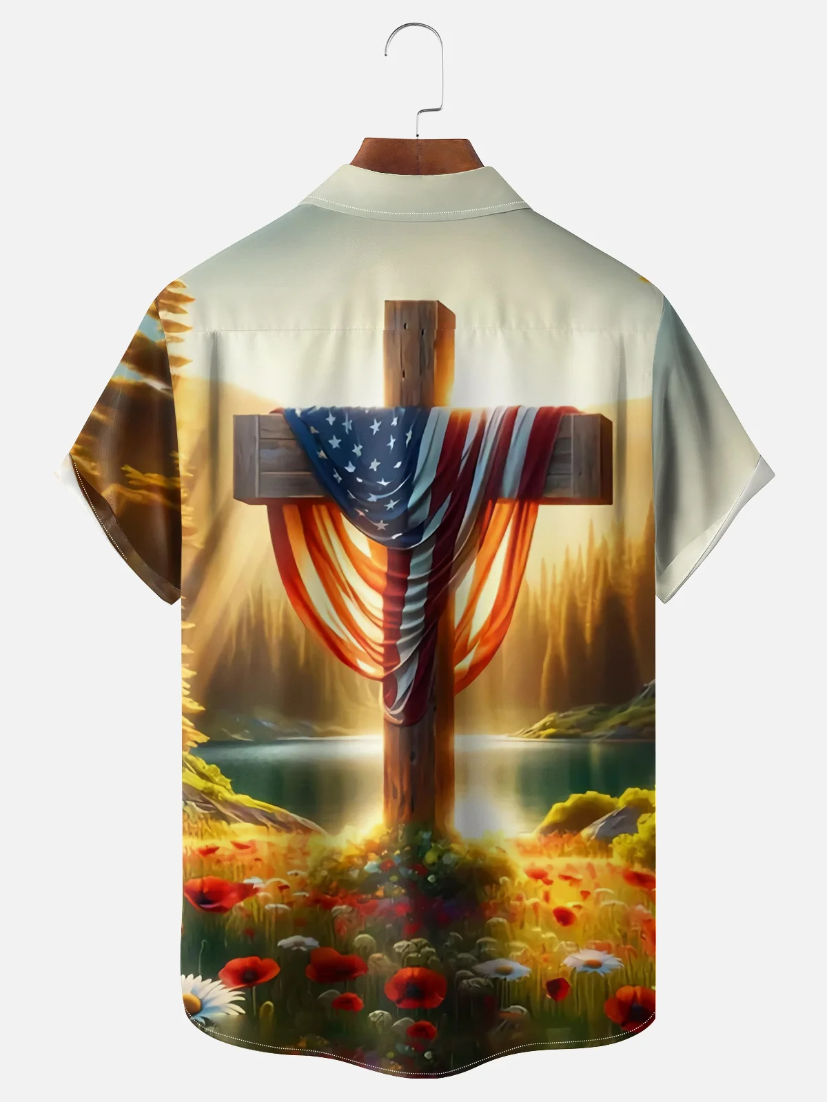 Moisture-wicking American Flag Cross Chest Pocket Hawaiian Shirt