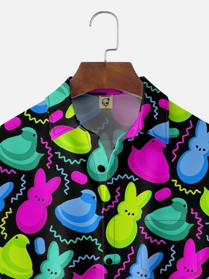 Tall Size Moisture Wicking Easter Egg Bunny Chest Pocket Hawaiian Shirt