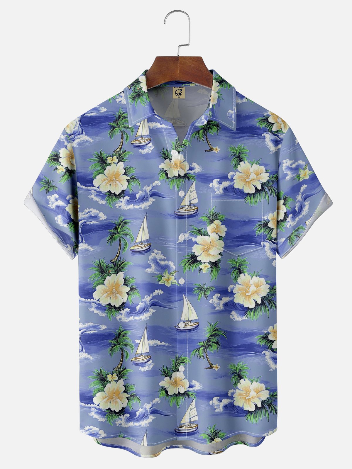 Moisture-wicking Palm Tree Hibiscus Flower Sailing Boat Chest Pocket Hawaiian Shirt