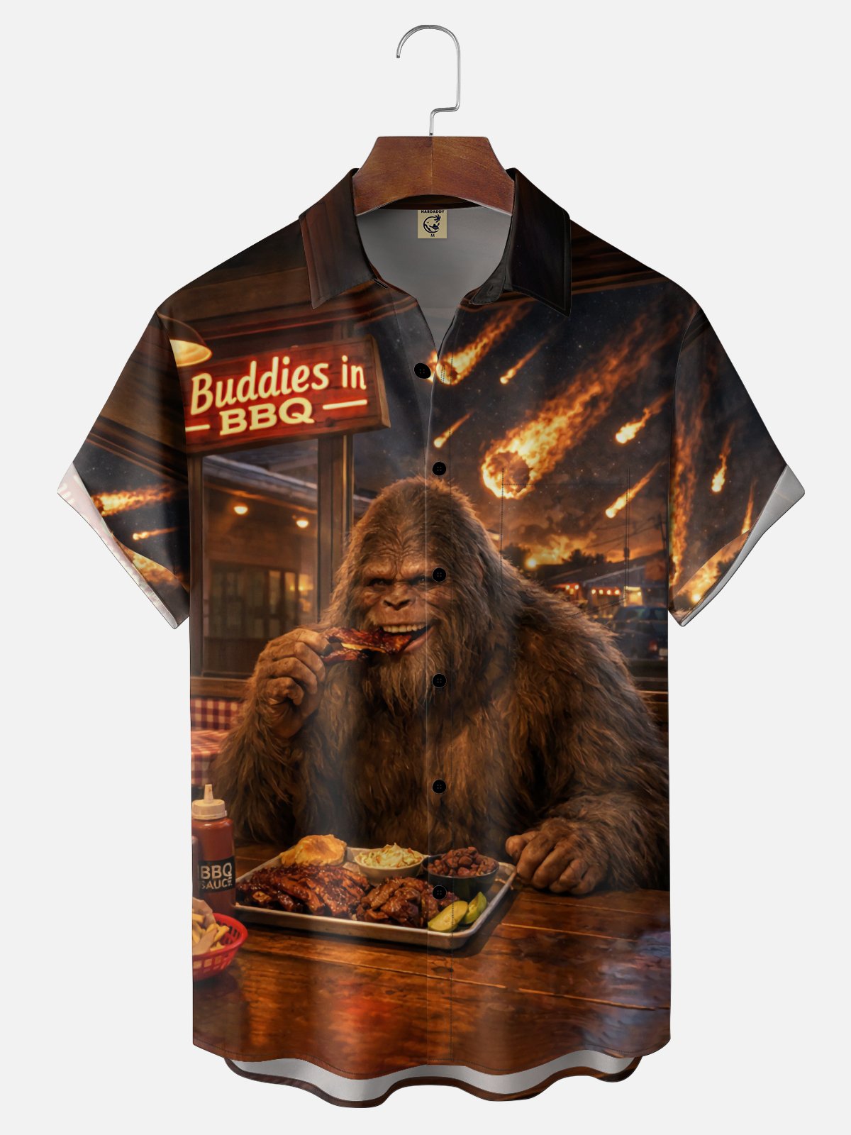 Moisture Wicking Fun BBQ Bigfoot Chest Pocket Hawaiian Shirt