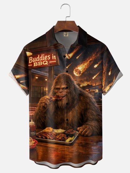 Moisture Wicking Fun BBQ Bigfoot Chest Pocket Hawaiian Shirt