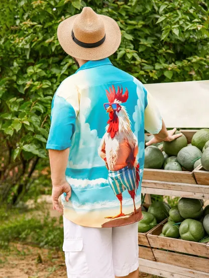 Moisture-wicking Beach Fun Chicken Chest Pocket Hawaiian Shirt