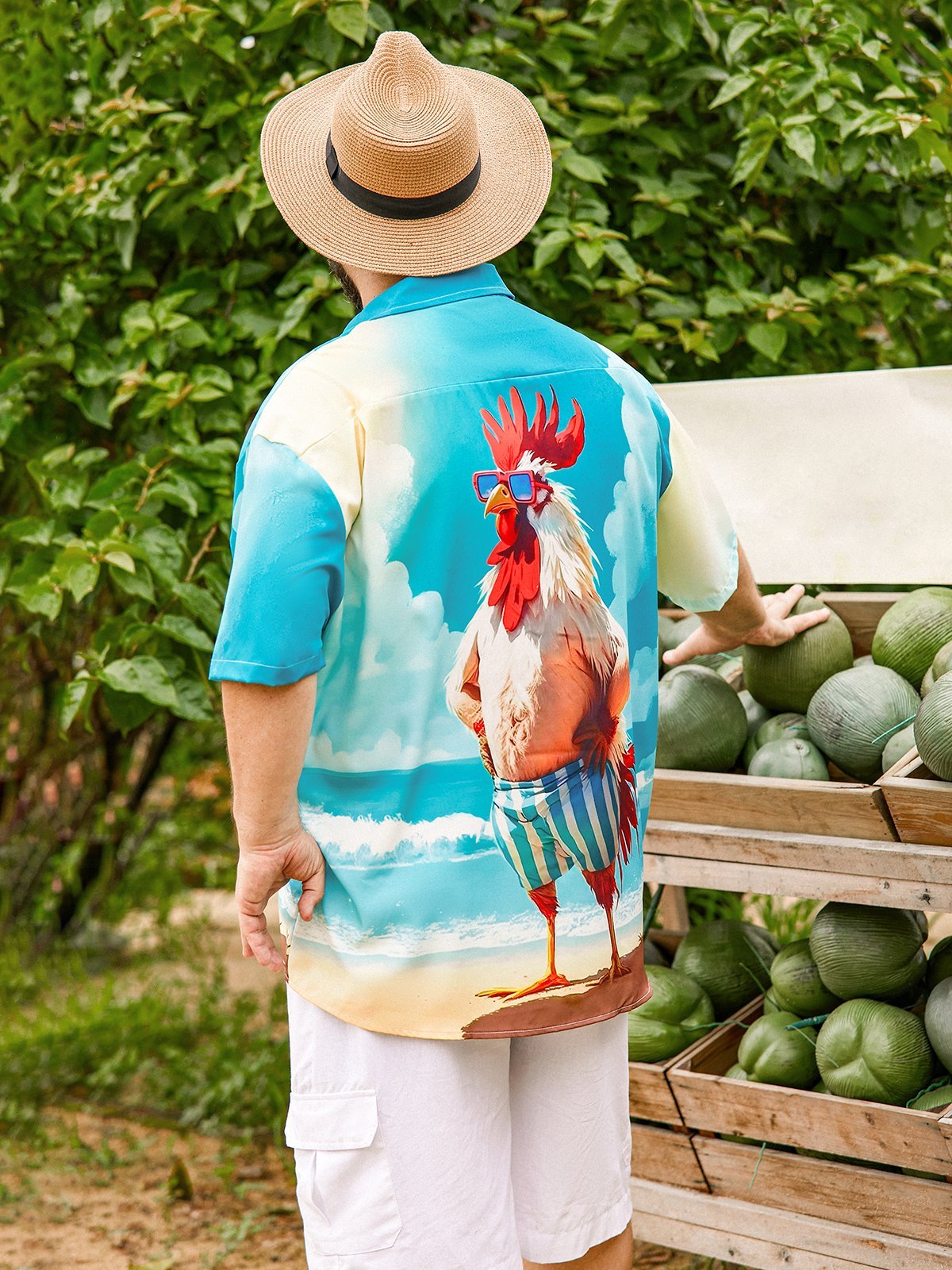 Moisture-wicking Beach Fun Chicken Chest Pocket Hawaiian Shirt