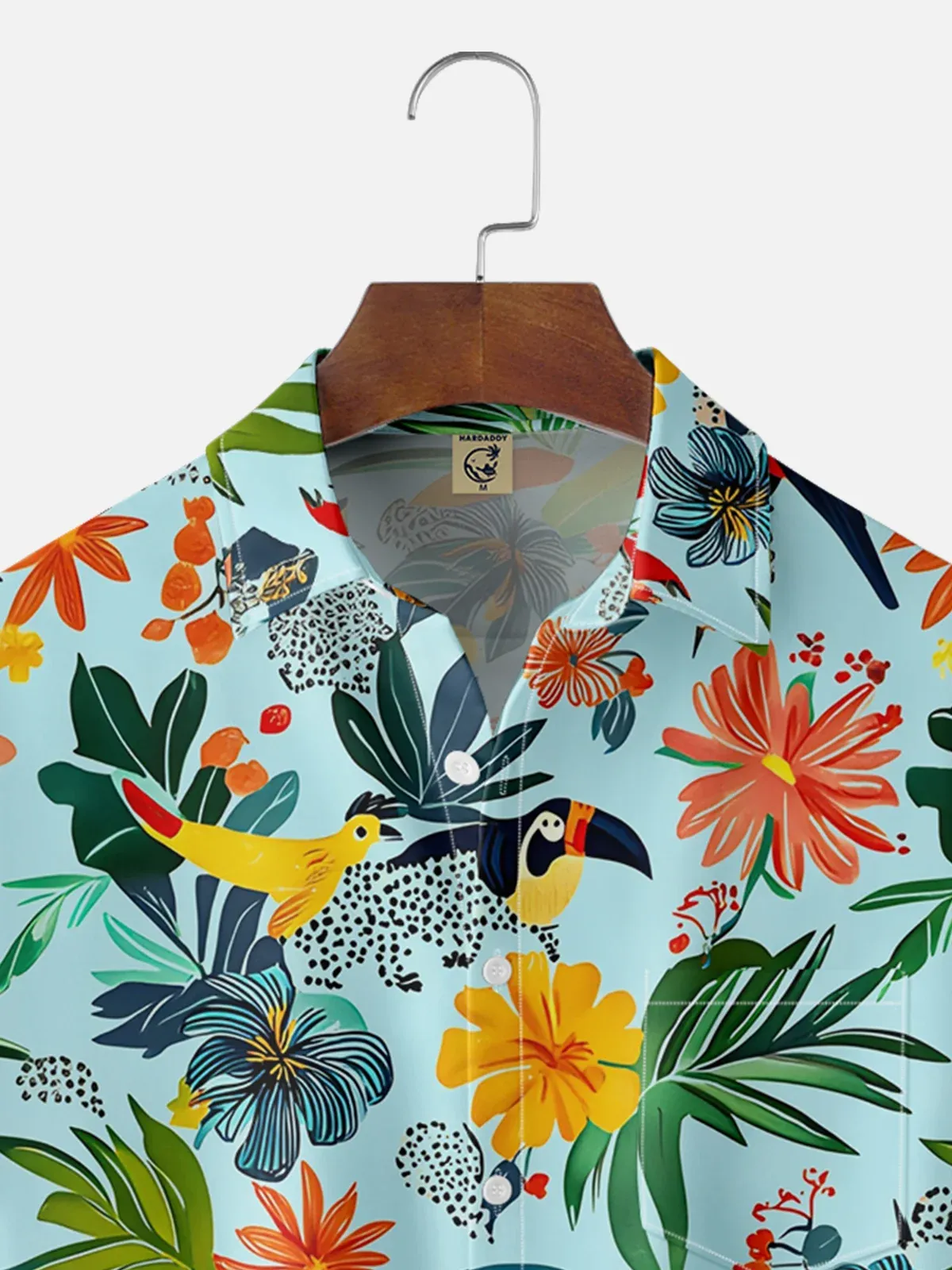 Moisture-wicking Tropical Palm Tree Parrot Floral Chest Pocket Hawaiian Shirt