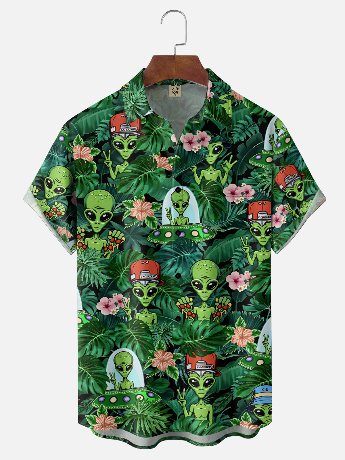Moisture Wicking Leaf Floral and Alien Chest Pocket Holiday Hawaiian Shirt