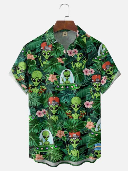 Moisture Wicking Leaf Floral and Alien Chest Pocket Holiday Hawaiian Shirt