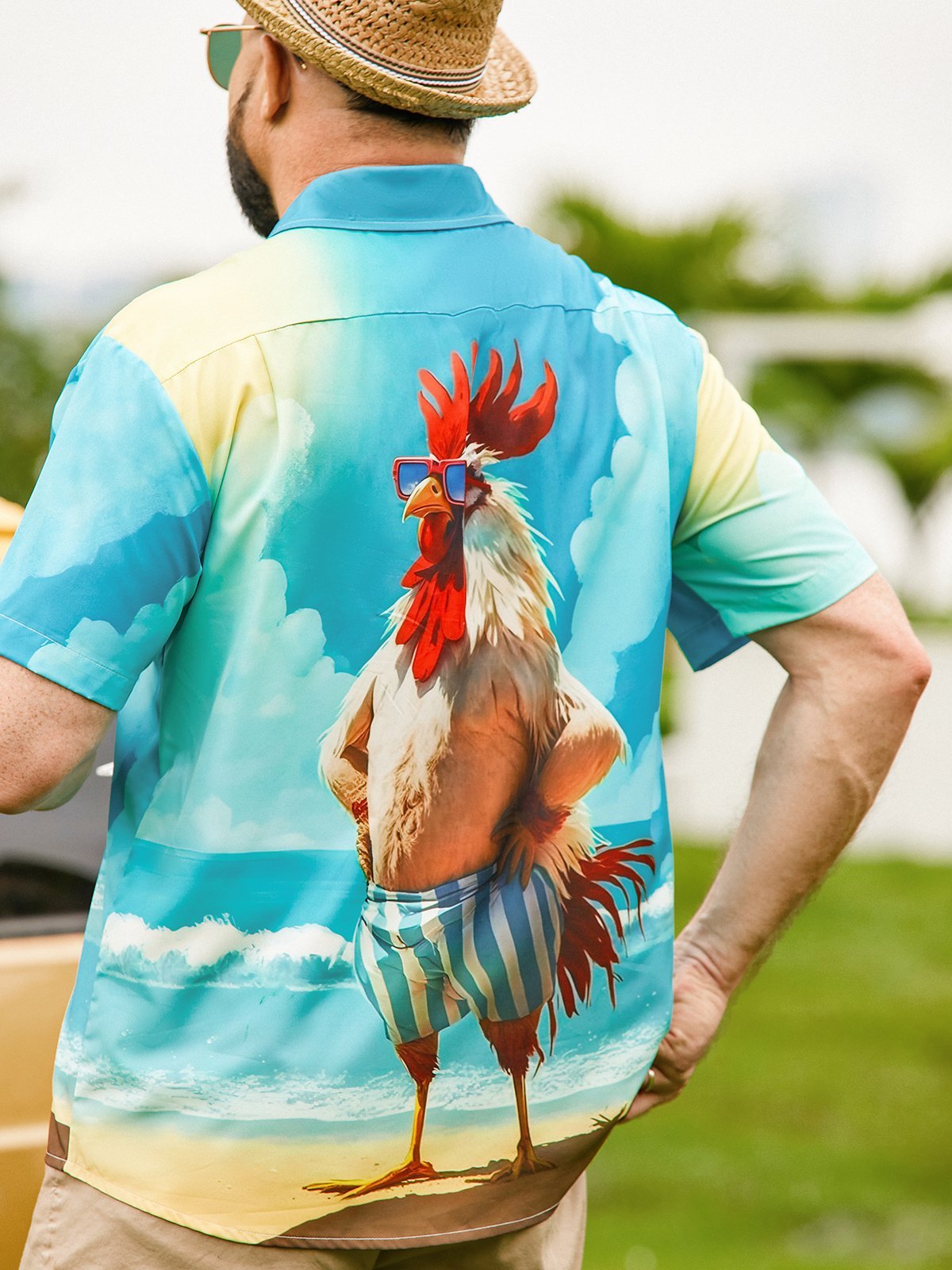 Moisture-wicking Beach Fun Chicken Chest Pocket Hawaiian Shirt