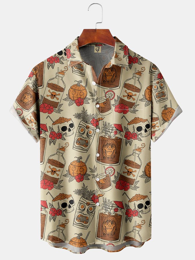 Men's Retro Drink TIKI Skull Print Casual Breathable Hawaiian Short Sleeve Shirt