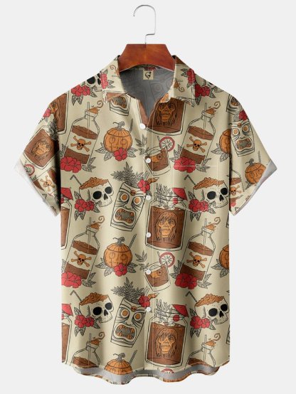Men's Retro Drink TIKI Skull Print Casual Breathable Hawaiian Short Sleeve Shirt