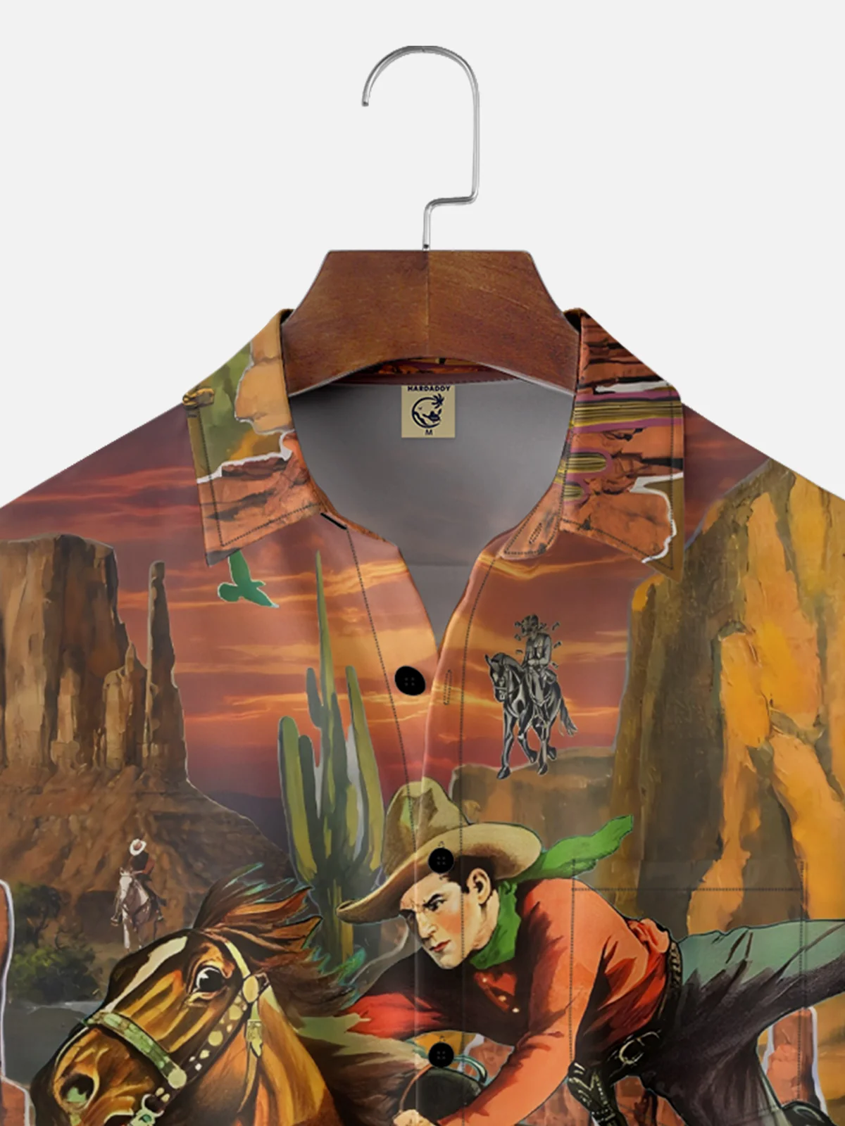 Moisture-Wicking Art Painting Horseback Riding Cowboy Hat Cactus Chest Pocket Hawaiian Shirt
