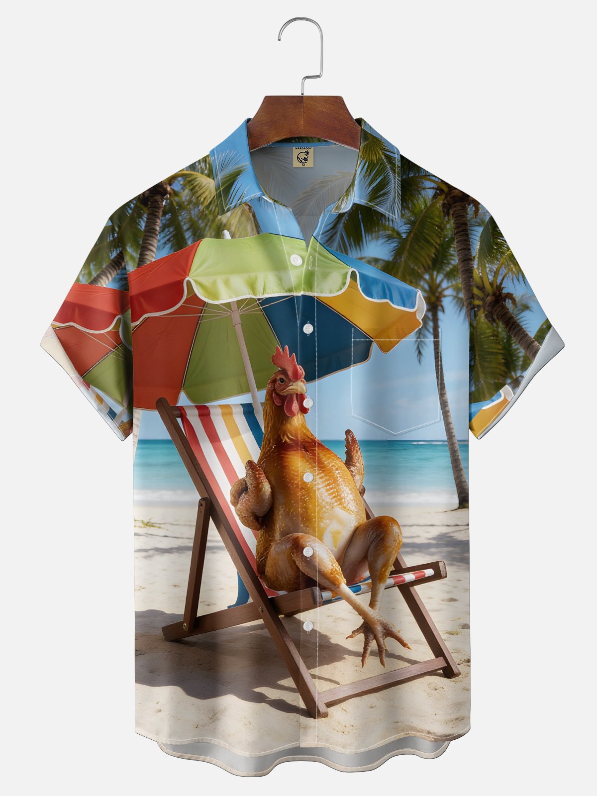 Moisture-Wicking "Beach Sunbathing Chicken" Chest Pocket Holiday Hawaiian Shirt