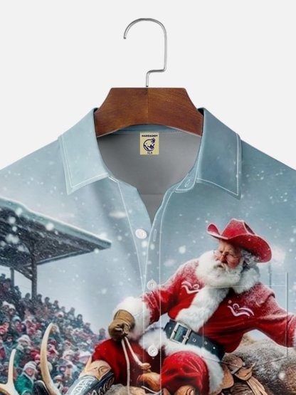 Big Size Moisture-wicking Wild Santa Cowboy Chest Pocket Hawaiian Shirt