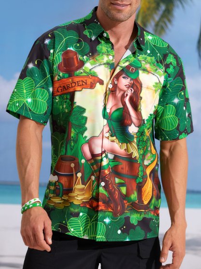 Hawaiian Button Up Shirt for Men Green St. Patrick's Day Lucky Clover Gold Coins Beauty Regular Fit Short Sleeve Shirt St Paddy's Day Shirt