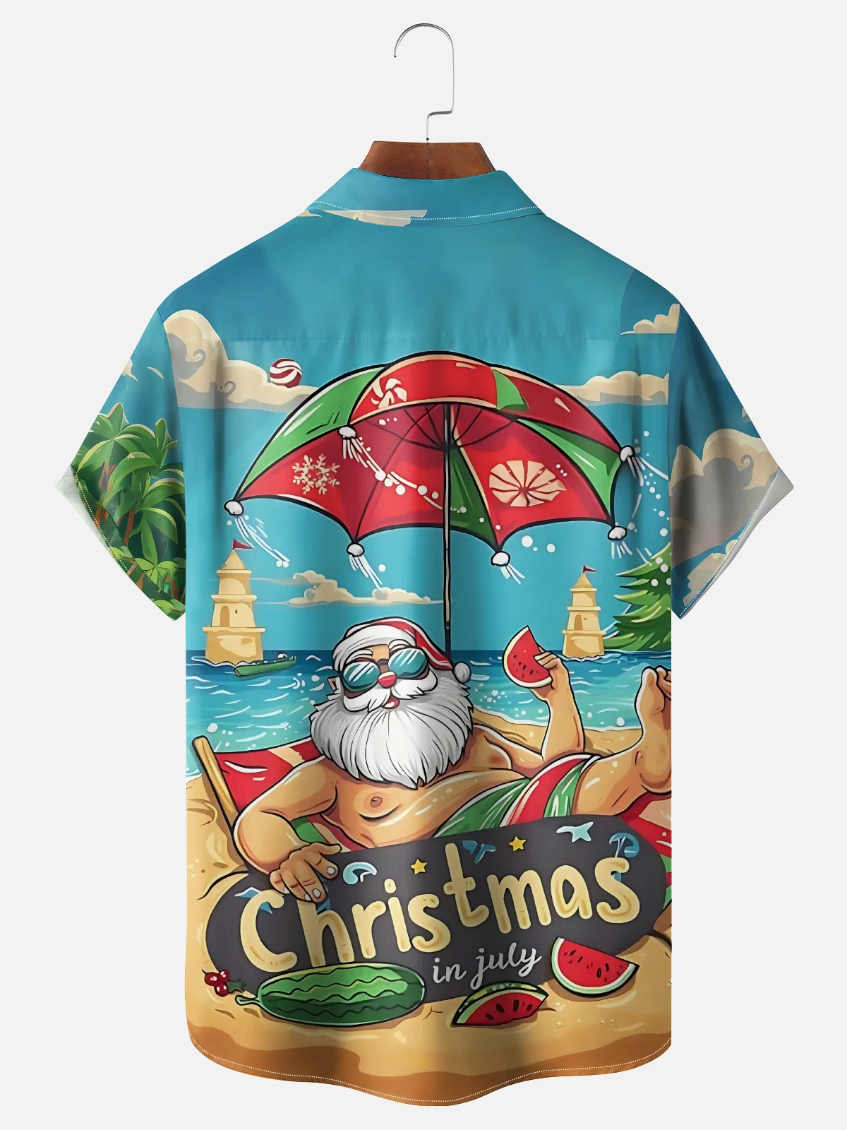 Moisture-Wicking Beach Santa Claus Eating Watermelon Chest Pocket Hawaiian Shirt