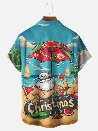 Moisture-Wicking Beach Santa Claus Eating Watermelon Chest Pocket Hawaiian Shirt