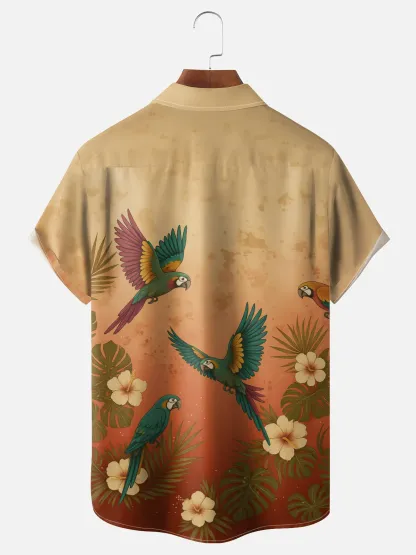 Moisture Wicking Botanical & Parrot Print Chest Pocket Holiday Hawaiian Shirt