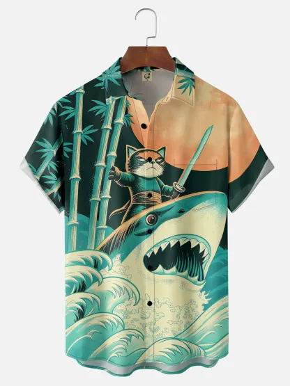 Moisture-Wicking Ukiyo-e Shark Cat Chest Pocket Hawaiian Shirt