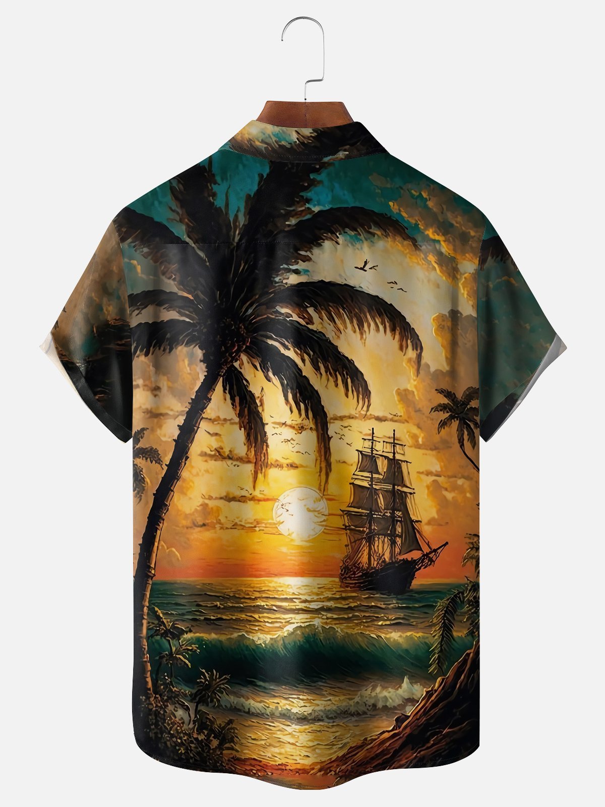 Moisture-wicking Palm Tree Sailing Boat Chest Pocket Hawaiian Shirt