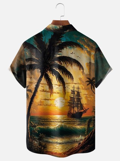 Moisture-wicking Palm Tree Sailing Boat Chest Pocket Hawaiian Shirt