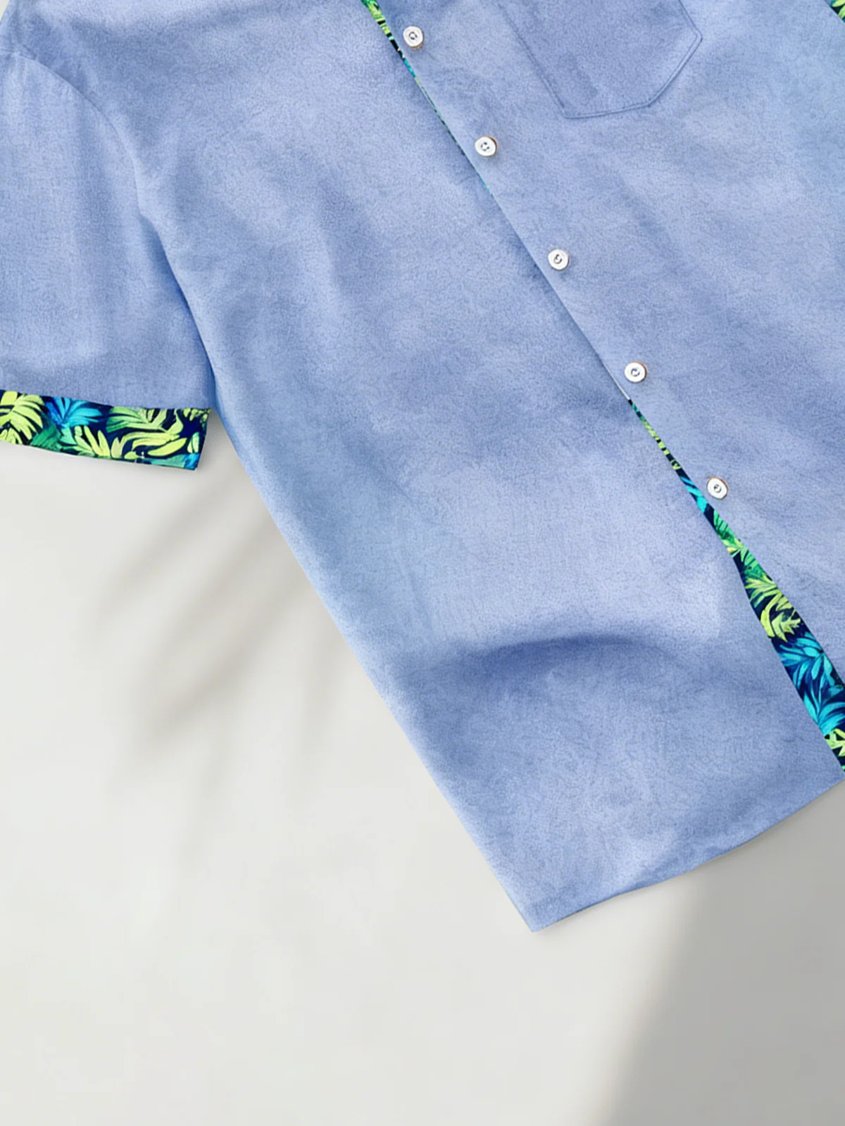 Linen Texture Plant Based Solid Color Patchwork Chest Pocket Holiday Hawaiian Shirt