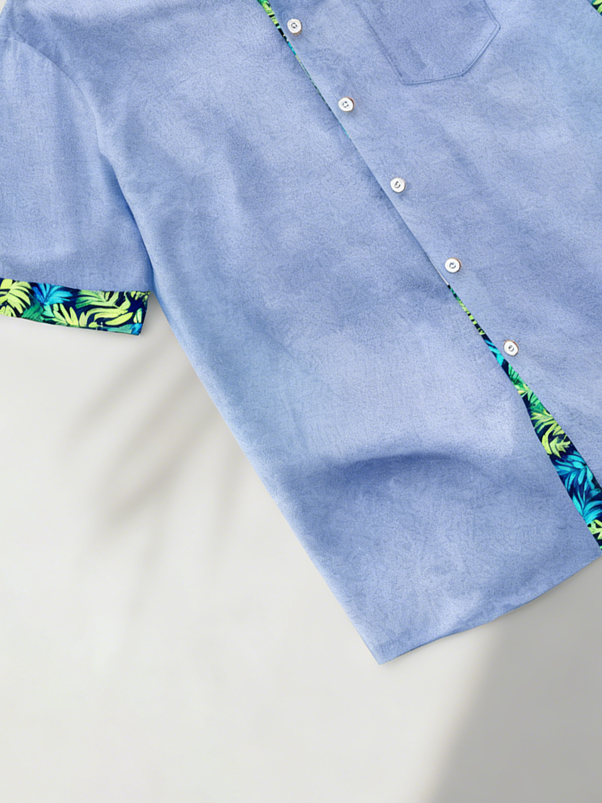 Linen Texture Plant Based Solid Color Patchwork Chest Pocket Holiday Hawaiian Shirt