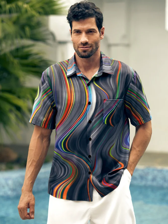 Mens 3D Abstract Print Casual Breathable Chest Pocket Short Sleeve Hawaiian Shirt