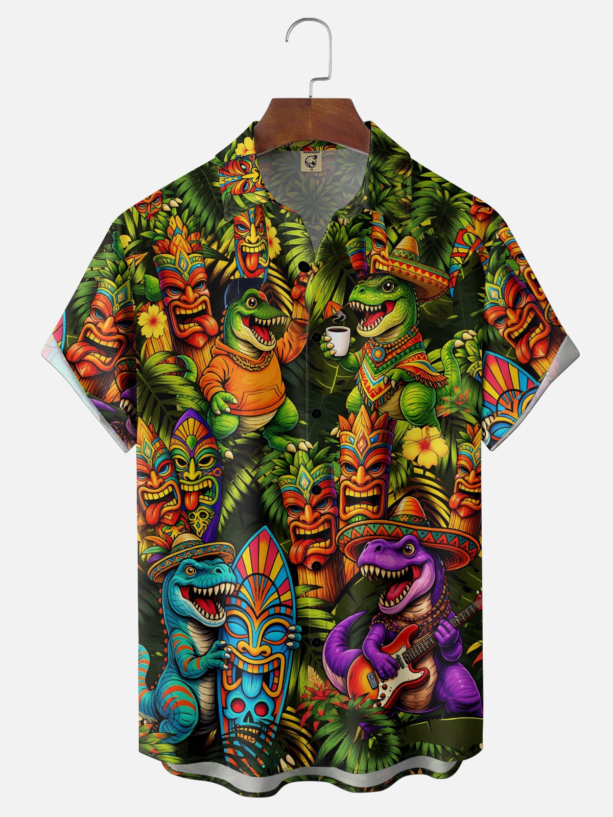 Moisture Wicking Cinco de Mayo Botanical & Dinosaur Print Chest Pocket Holiday Hawaiian Shirt