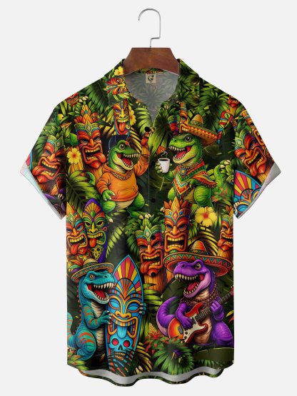 Moisture Wicking Cinco de Mayo Botanical & Dinosaur Print Chest Pocket Holiday Hawaiian Shirt