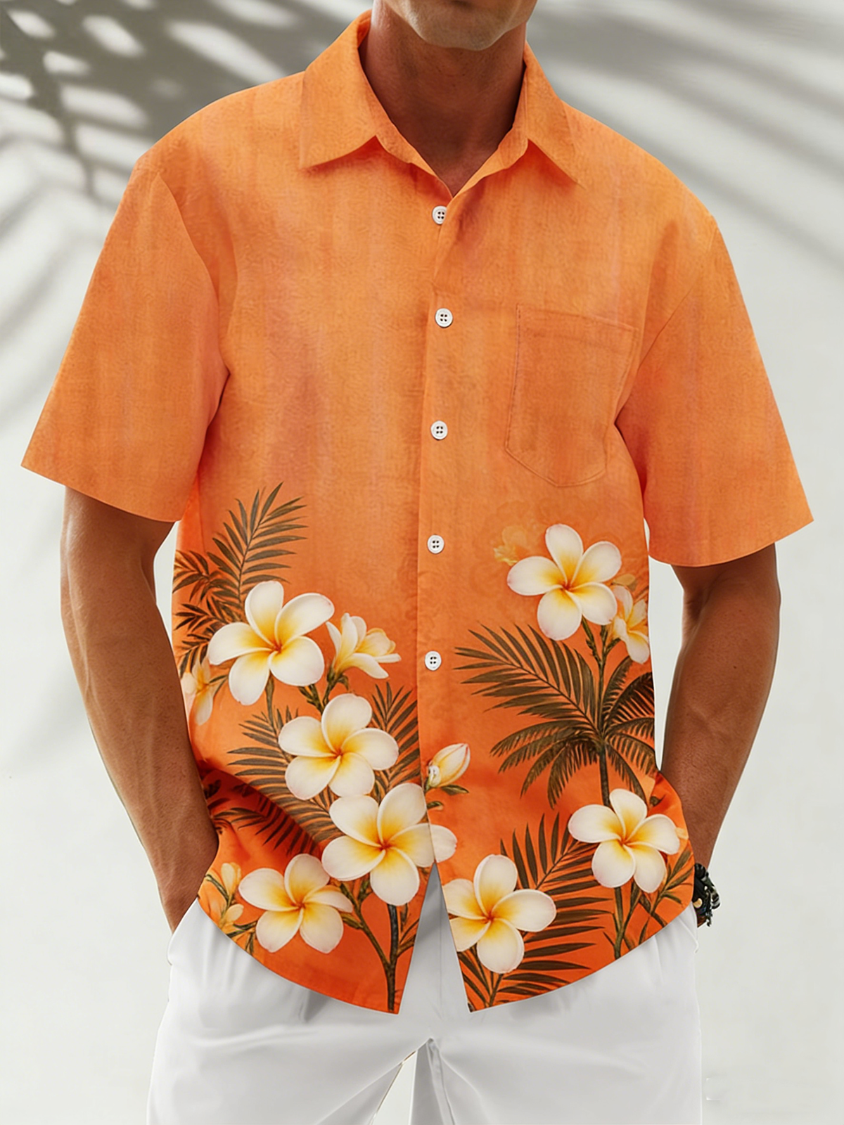 Linen-Texture Botanical Floral Chest Pocket Holiday Hawaiian Shirt