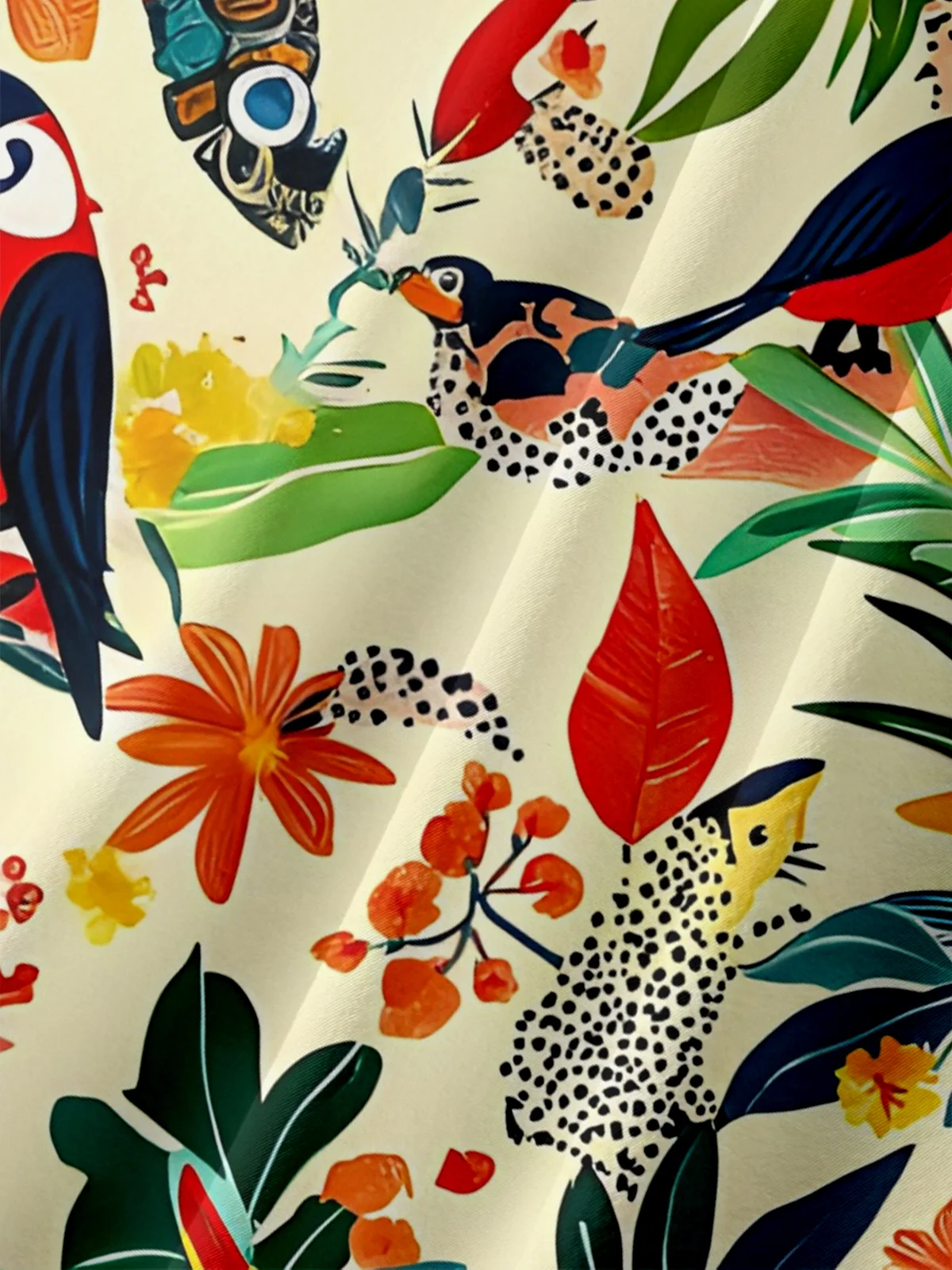 Moisture-wicking Tropical Palm Tree Parrot Floral Chest Pocket Hawaiian Shirt