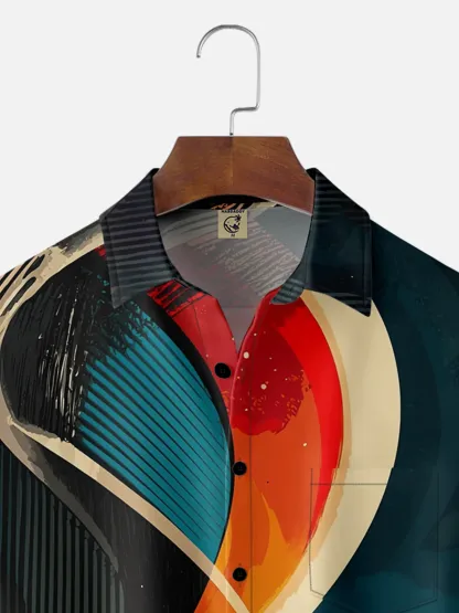 Moisture-wicking Palm Tree Geomatric Chest Pocket Hawaiian Shirt