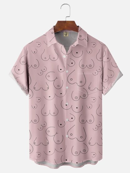 Moisture-wicking Abstract Line Drawing Chest Pocket Hawaiian Pink Boob Shirt For Men