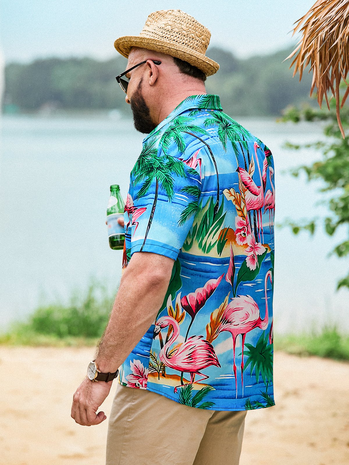 Flamingo Chest Pocket Short Sleeve Hawaiian Shirt